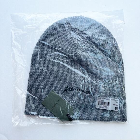 AllSaints Embroidered Script Logo Beanie in Grey Marled - Picture 2 of 4
